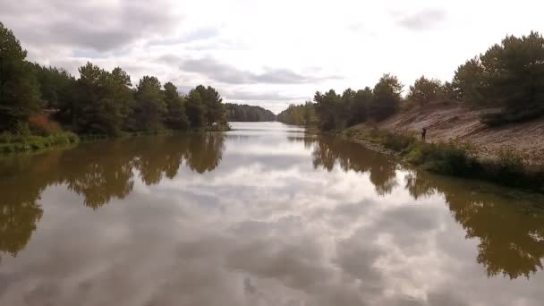 Letecká fotografie řeky tekoucí podél lesa — Stock video