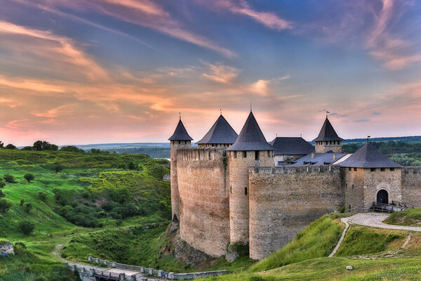 Khotyn fortress at sunset