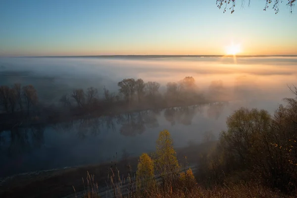 Fantastic foggy river with fresh green grass in the sunlight. Sun beams through tree. Dramatic colorful scenery. Seret river, Ternopil. Ukraine, Europe. Beauty world. — Stock Photo, Image