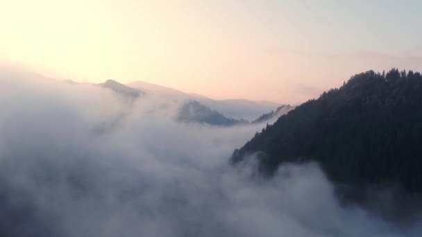 Terbang melalui awan di atas puncak gunung. Puncak tinggi matahari terbit yang indah alam Landscape — Stok Video