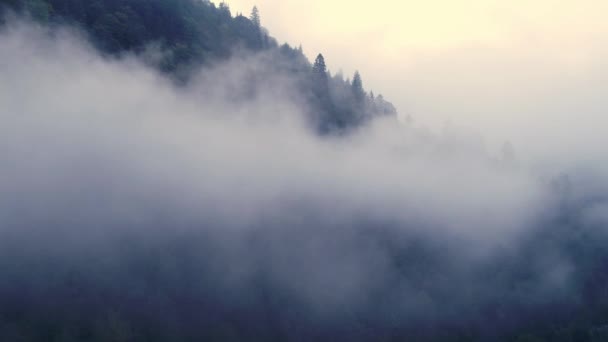 山頂上の雲の中を飛ぶ。高いピーク素晴らしい朝の日の出自然景観 — ストック動画