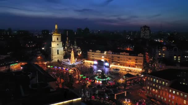 New Years city decorated with beautiful luminous garlands. Aerial shot. — 비디오