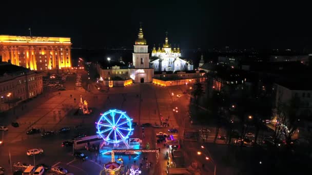 New Years city decorated with beautiful luminous garlands. Aerial shot. — 비디오