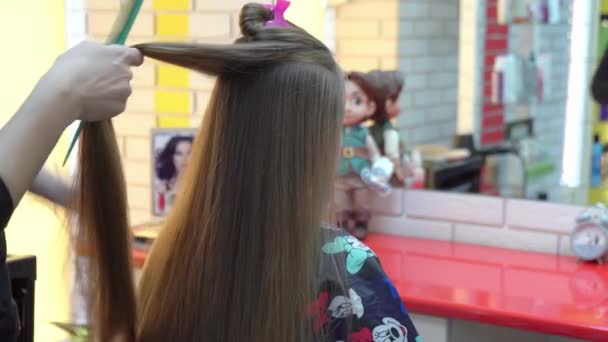 Cabeleireiro profissional fazendo penteado da noite para a menina . — Vídeo de Stock