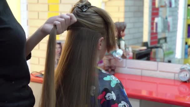 Professional hairdresser doing evening hairstyle for girl. — Stock Video