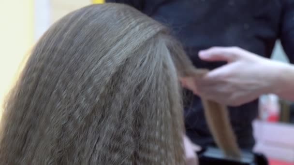 Professioneller Friseur macht Abendfrisur für Mädchen. — Stockvideo