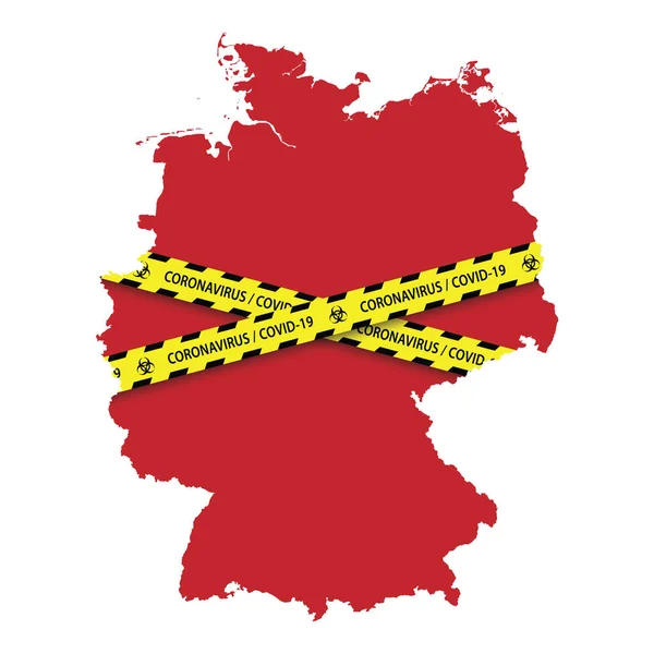 警告隔離黄色のテープでドイツの地図 危険コロナウイルス バナー — ストックベクタ
