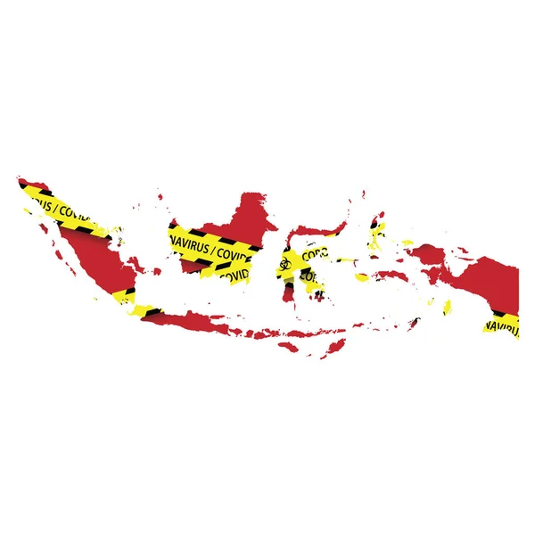 Mapa Indonesia Con Advertencia Cuarentena Cinta Amarilla Peligro Coronavirus Banner — Archivo Imágenes Vectoriales