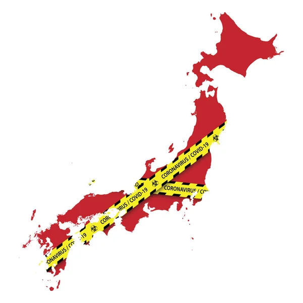Mapa Japón Con Advertencia Cuarentena Cinta Amarilla Peligro Coronavirus Banner — Vector de stock