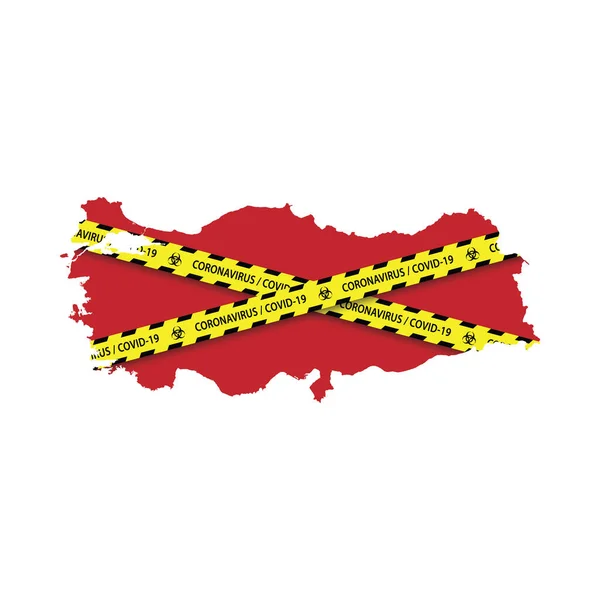 Törökország Térképe Figyelmeztető Karantén Sárga Szalaggal Veszélyes Koronavírus Banner — Stock Vector