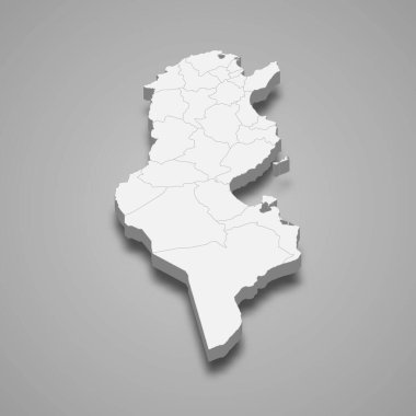 Bölgeler sınırları olan 3d Tunus haritası