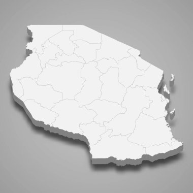 Bölge sınırlarıyla Tanzanya 'nın 3d haritası