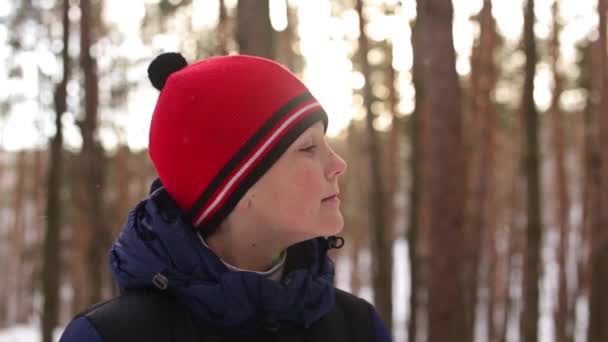 Jongen in de rode hoed in sneeuw bos — Stockvideo