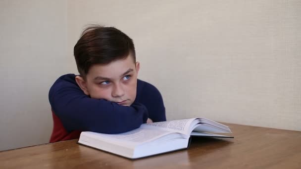 Мальчик мечтает, читая книгу — стоковое видео