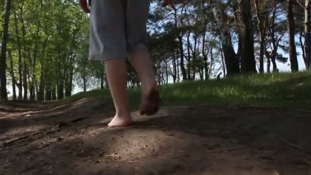 O menino caminha pela estrada da floresta descalço, conceito de liberdade e felicidade — Vídeo de Stock