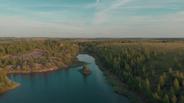 Drönare flyger över liten sjö omgiven av gles vegetation med blå himmel och vita moln — Stockvideo