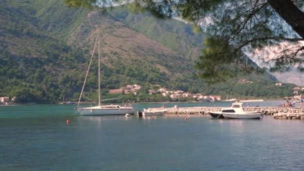 Boot in de baai van Kotor. Montenegro, het water van de Adriatische Zee — Stockvideo