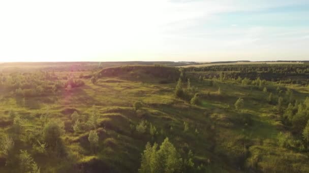 Il drone vola attraverso la terra con un paesaggio eterogeneo e una vegetazione rada. Volo al tramonto — Video Stock