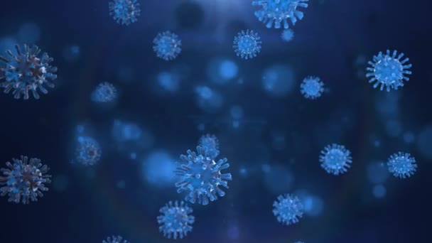COVID-19, SARS-CoV-2 virüsü, 2019-nCoV koronavirüsü, SARS, MERS, grip, grip. Organizmanın içindeki tehlikeli bir virüs hücresine yakından bakın. 4K 3D hareketinin mikroskobik büyütülmesi — Stok video