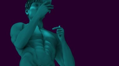 Karanlık bir arkaplanda modern heykel. Telefonu olan bir adamın heykeli. Neon ışıkları. 3d Modellenmiş ve Canlandırılmış Video.