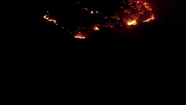 Bush fuoco naturale che brucia di notte. Fiamma di fuoco nella notte buia Colpo di grano aereo — Video Stock