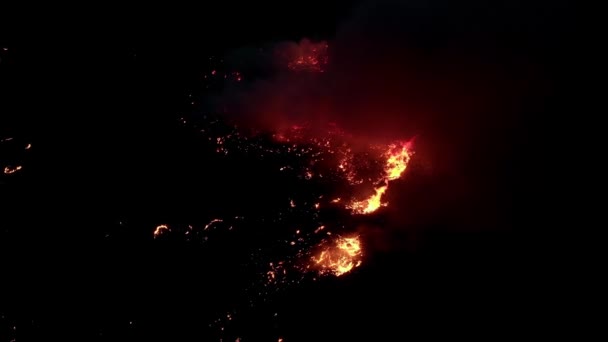 Colpo d'aria, fiamma di fuoco nella notte buia. Un terribile e pericoloso incendio selvaggio di notte in un campo. Brucia erba di paglia secca. Una vasta area della natura è in fiamme — Video Stock