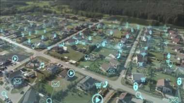 Büyük veri ağı teknolojisiyle klasik Avrupa konutlarının havadan görüşü. Fütürist ağa bağlanıyor, IoT teknolojisi. Nesnelerin interneti, Akıllı şehirler, büyük veriler, artırılmış gerçeklik.