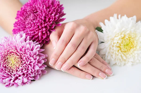 Mãos de mulher com bela manicure francesa — Fotografia de Stock