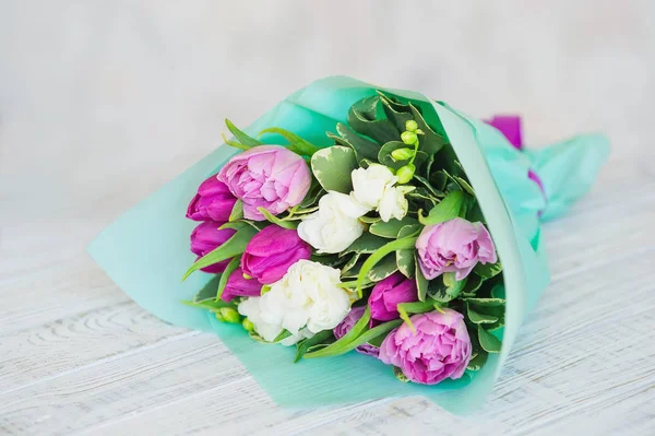 Beautiful bouquet with spring tulips — Stock Photo, Image