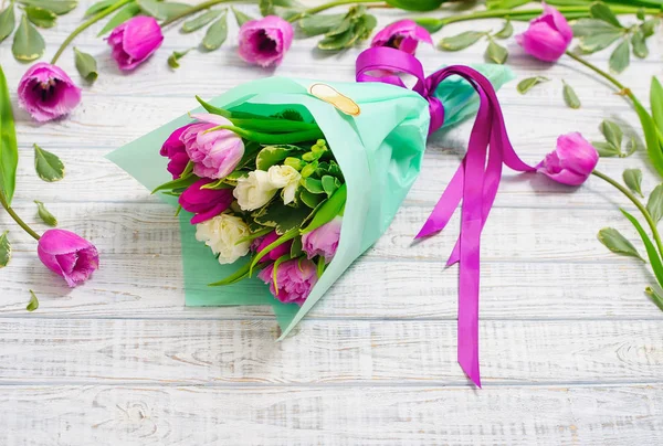 Beautiful bouquet with spring tulips — Stock Photo, Image