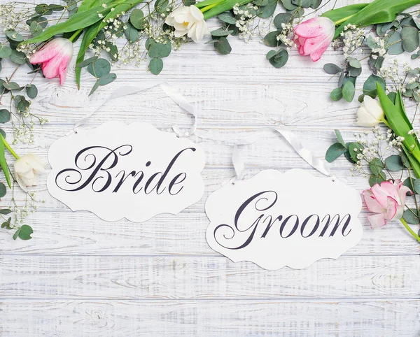 Bride and groom decoration boards and flower decor — Stock Photo, Image