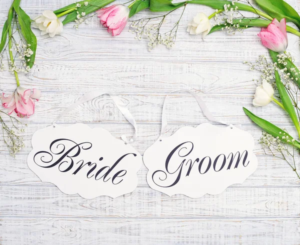 Bride and groom decoration boards and flower decor — Stock Photo, Image