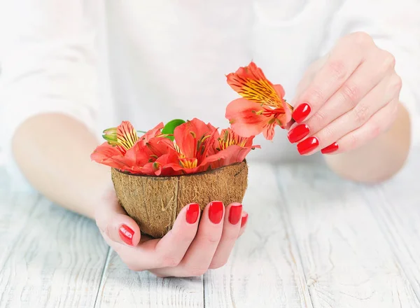 Vrouw handen met mooie rode manicure op nagels — Stockfoto
