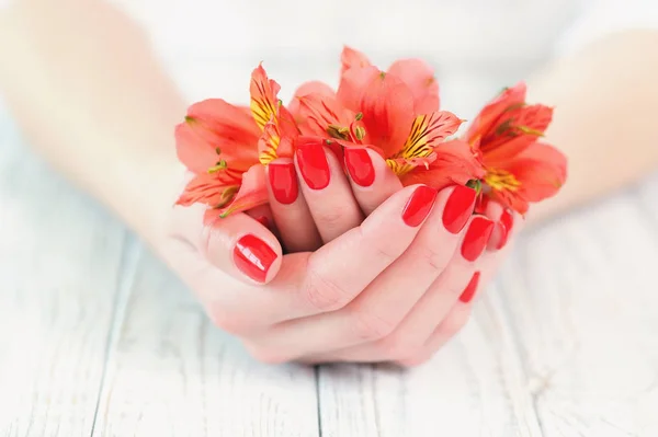 Vrouw handen met mooie rode manicure op nagels — Stockfoto