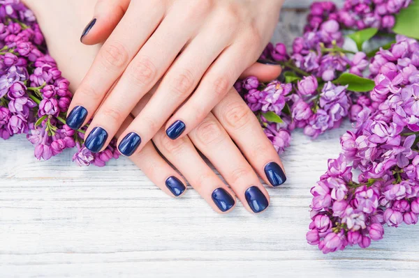 Woman hands with dark blue manicure and lilac flowers — Stock Photo, Image
