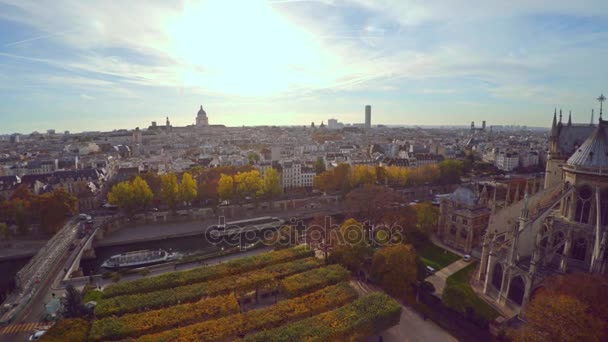 Flygfoto över Paris med Notre Dame-katedralen — Stockvideo