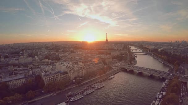 Paris Luftaufnahme Sonnenuntergang Seinen Fluss — Stockvideo