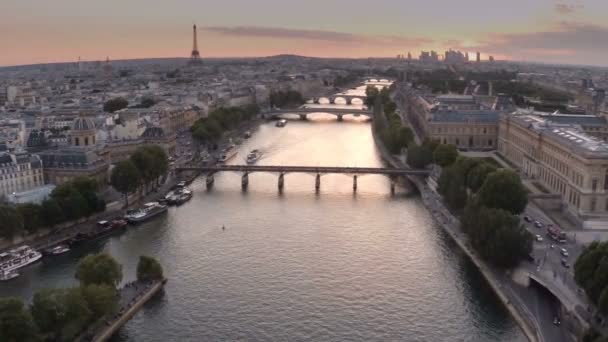 Paris Luftaufnahme Sonnenuntergang Seinen Fluss — Stockvideo