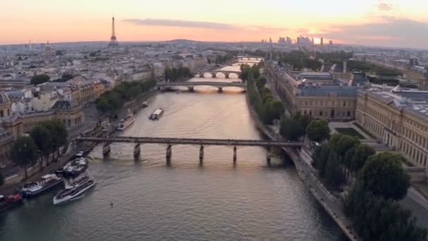 Paris Luftaufnahme Sonnenuntergang Seinen Fluss — Stockvideo