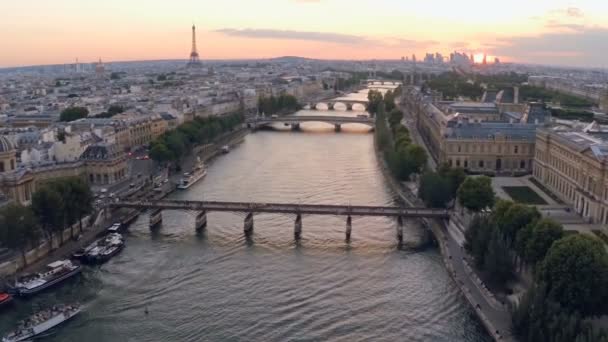 Paris Pôr Sol Aéreo Rio Sena — Vídeo de Stock