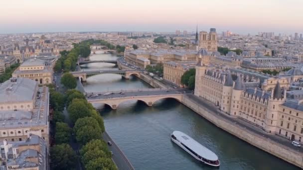 Paris Pôr Sol Aéreo Rio Sena — Vídeo de Stock