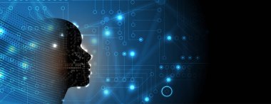 Yapay zeka ile kadın yüzü. Teknoloji web bilim arka plan. Sanal kavramı