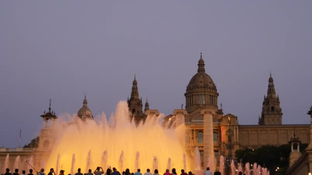 Barcelona Magic Fontes Atração Monte Turistas Olhando Para Show Noite — Vídeo de Stock