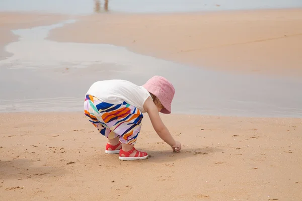 Baby picking sea shells — Stock Photo, Image