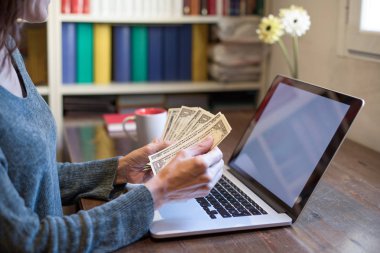 kadın el laptop arıyorum Doları banknot sayma