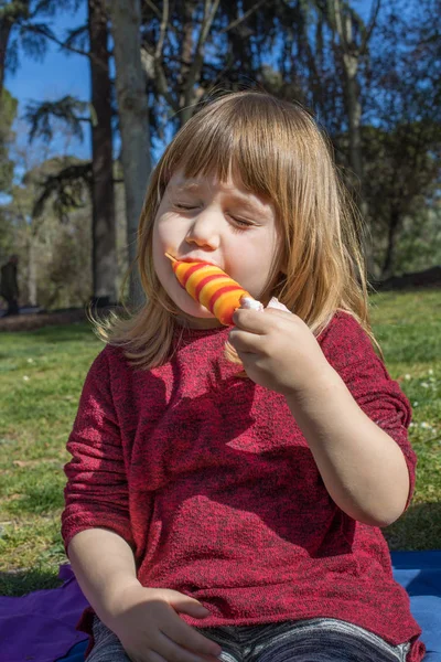 child enjoying orange and red ice lolly in park