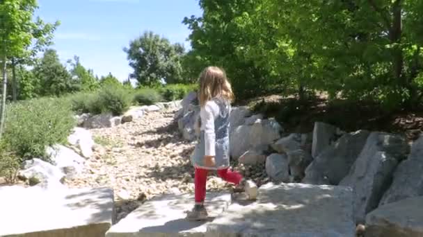 Klein meisje oversteken rivier op blokken steen — Stockvideo