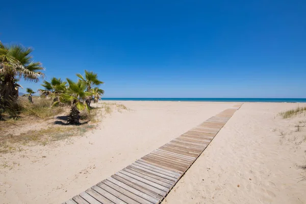 Acesso à praia em Castellon com palmeiras e pés de madeira — Fotografia de Stock