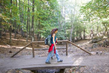 Anne ve çocuk doğada bir ahşap köprü