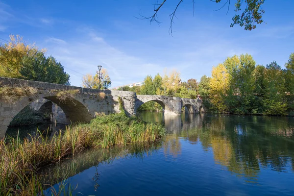 Puentecillas bridge och floden kadaver i höst i Palencia city — Stockfoto